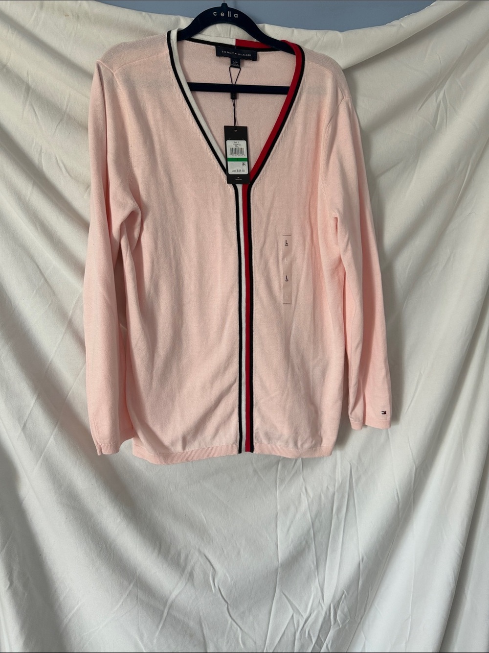 Tommy Hilfiger Pale Pink V-Neck Cardigan with Red, Navy & White Trim